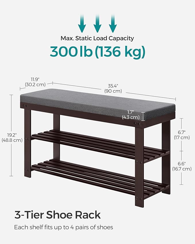 SONGMICS Bamboo Shoe Bench, 3-Tier Shoe Rack Organizer for Entryway, Living Room, Bench Seat Holds Up to 300 lb, 11.9 x 35.4 x 19.2 Inches, Rustic Walnut and Slate Gray ULBS904B32