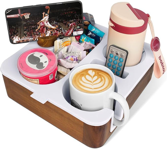 Couch Cup Holder Tray, Real Acacia Wooden Caddy with Soft Silicone, Snack and Drink Organizer- Perfect Movie Night Accessories for Bed, Remote and Cup Holders for Sofa (White)-NeatNest