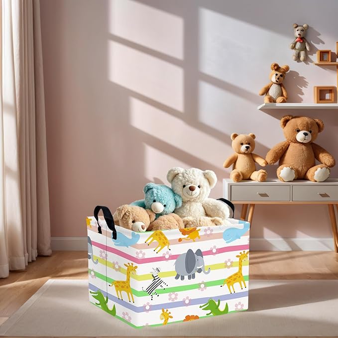 Cute Rectangle Woodland Animal Baby Girl Basket Nursery Playroom Bedroom Decor Clothes Toy Basket (Colorful Animals)-NeatNest