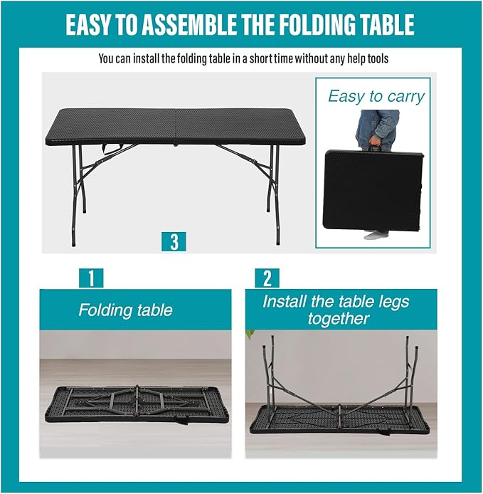 FDW Folding Table Half Portable Foldable Table for Parties Backyard Events (Black Ratten, 6 FT)-NeatNest