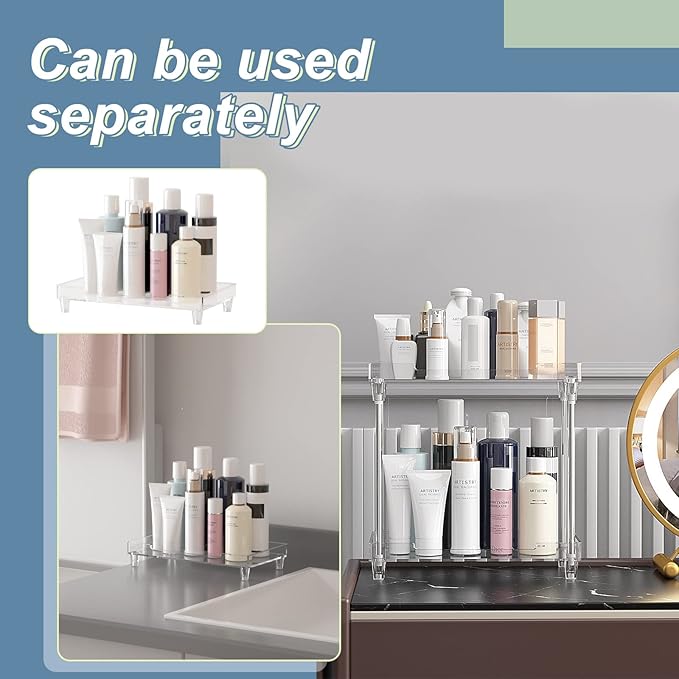 Bathroom Organizer Countertop for Makeup Cosmetic Perfume Skincare Bathroom Supplies and More, Multi-Functional Acrylic 2-Tier Vanity Tray Corner Shelf in Dresser and More