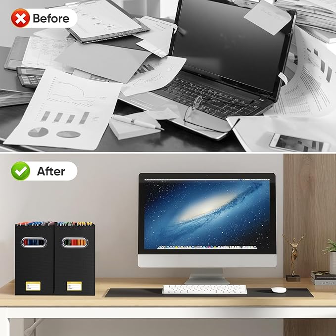 BALEINE File Organizer Box, Cardboard File Folder Organizer with Handle for Letter Size, Portable Collapsible Hanging Filing Box for Home Office Document Storage (2 Pack, Black)-NeatNest