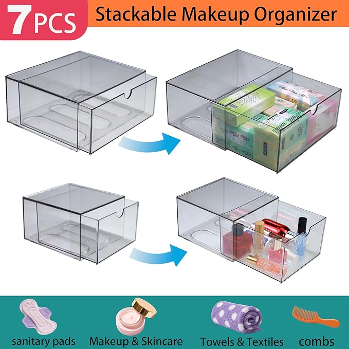 7 Pack Acrylic Makeup Organizer Clear Stackable Storage Drawers Tall Acrylic Bathroom Makeup Organizer for Cosmetic,Beauty Supplies,Ideal for Vanity, Undersink,Cabinet,Desk Home Organization-NeatNest
