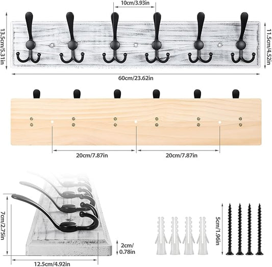 Coat Rack Wall Mount, Wooden Heavy Duty Coat Rack for Wall,6 Triple Coat Hanger Hooks for Hanging Coats,Jacket,Hat,Clothes (Grey White, 6 Hooks)-NeatNest