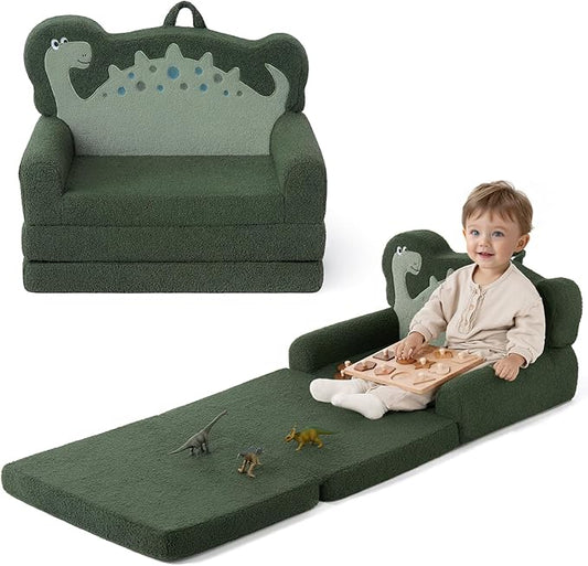 Blissful Diary Kids Couch, 2-in-1 Soft Toddler Couch Fold Out, Toddler Chair Comfy, Convertible Sofa to Lounger, Kids Furniture for Playroom, Gift for Birthday, Children's Day, Green Dinosaur-NeatNest
