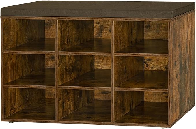 DINZI LVJ Shoe Storage Bench with Cushion, Cubby Rack with 9 Cubbies, Adjustable Shelves, Multifunctional Organizer Bench for Entryway, Mudroom, Hallway, Closet and Garage, Rustic Brown-NeatNest