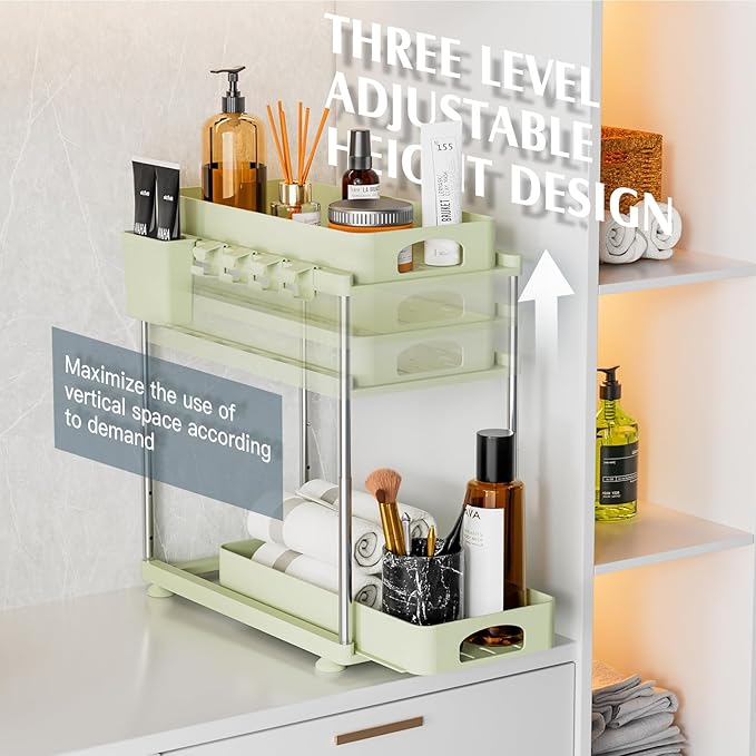 Under Sink Organizer, 2 Pack Under Kitchen Bathroom Cabinet Organizer, 2 Tier Under Bathroom Kitchen Sink Organizer, Adjustable Height Bathroom Kitchen Cabinet Organizers and Storage, Green-NeatNest