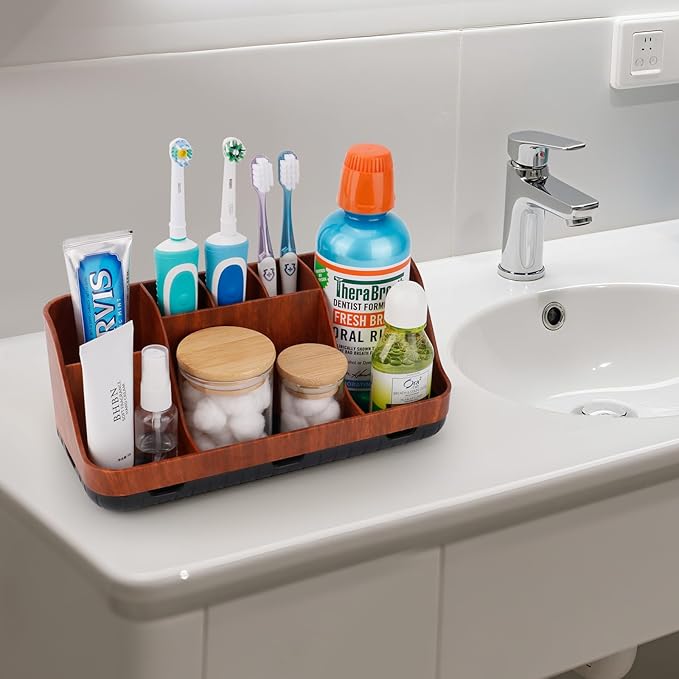 Bathroom Decor and Accessories - Detachable 7 Slots Kids Electric Toothbrush and Toothpaste Holde for Bathroom Tray Countertop Vanity Storage, Bathroom Sink Storage Organizer, Red Wood-NeatNest