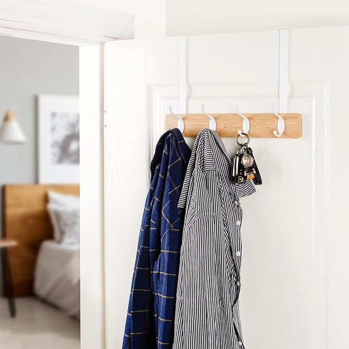 Badiano Over The Door Hook Hanger, Bamboo Coat Rack with 4 Metal Hooks, Wood Clothes Organizer for Coat, Towels, Bags, Robes (Natural)