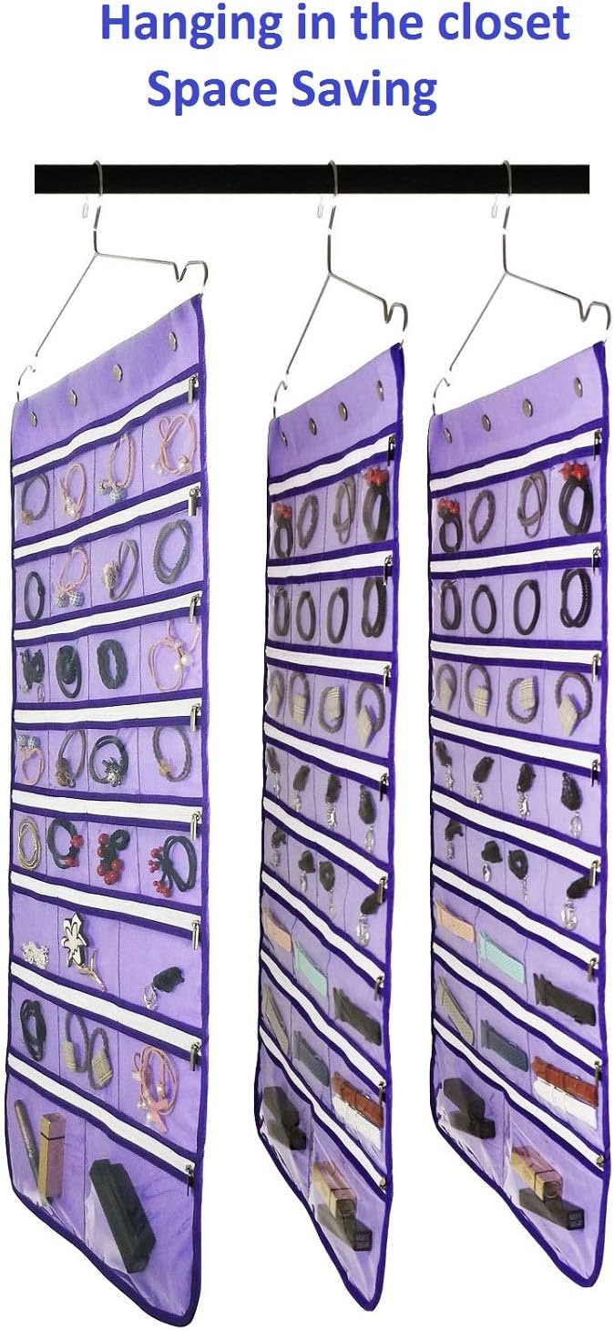 Dual Sided Hanging Jewelry Organizer with Hanger for Closet Necklace Earrings Bracelet Ring Travel Holder (56 Zippered Clear Pockets Purple)-NeatNest