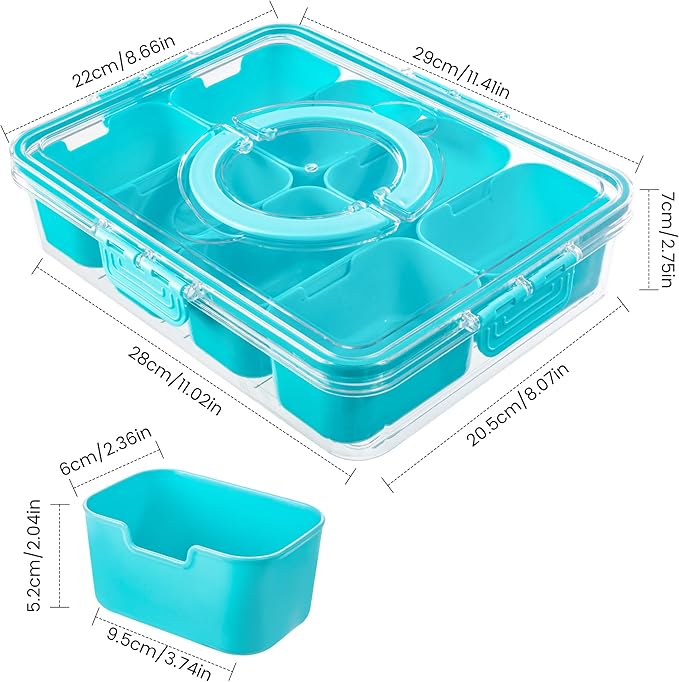 Divided Serving Tray with Lid and Handle - Snackle Box Charcuterie Container for Portable Snack Platters Organizer for Candy, Fruits, Nuts, Snacks - Perfect for Party, Entertaining, Lake blue-NeatNest