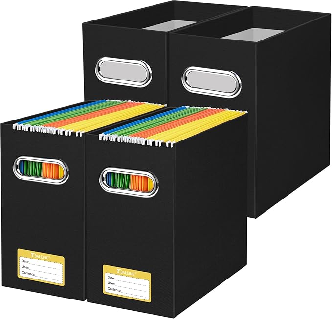 BALEINE File Organizer Box, Cardboard File Folder Organizer with Handle for Letter Size, Portable Collapsible Hanging Filing Box for Home Office Document Storage (4 Pack, Black)-NeatNest