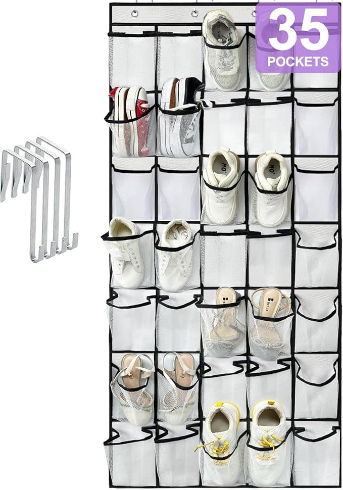 35 Large Pocket Over the Door Shoe Organizer, Extra Sturdy Oxford Fabric Hanging Shoe Rack for Door Closet, Wall Mesh Shoe Storage Holder for Mens Women Shoes (White)-NeatNest