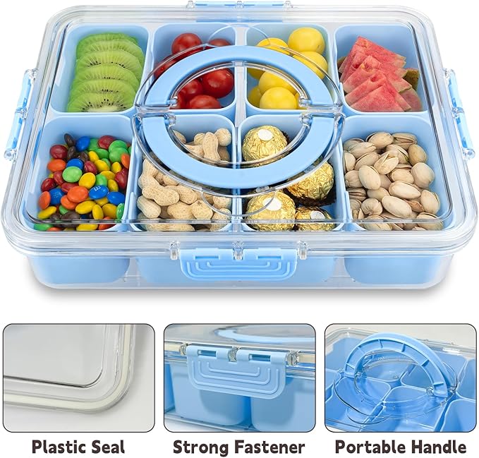 Divided Serving Tray with Lid and Handle,8 Compartments Snacks Box,Snack Fruit Veggie Tray,Portable Platter for Candy Fruits Nuts Snack Party Entertaining Picnic (2PCS Blue)-NeatNest