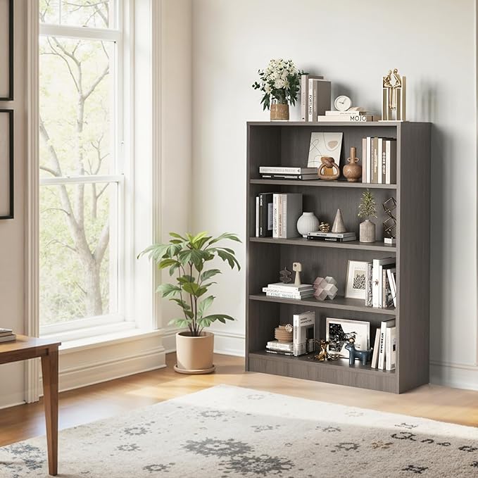 Farini 48 Inch Tall 4-Shelf Bookcase, Wood Bookshelf Storage Organizer Adjustable Shelf for Home Office, Study Room, Easy Assembly,Grey
