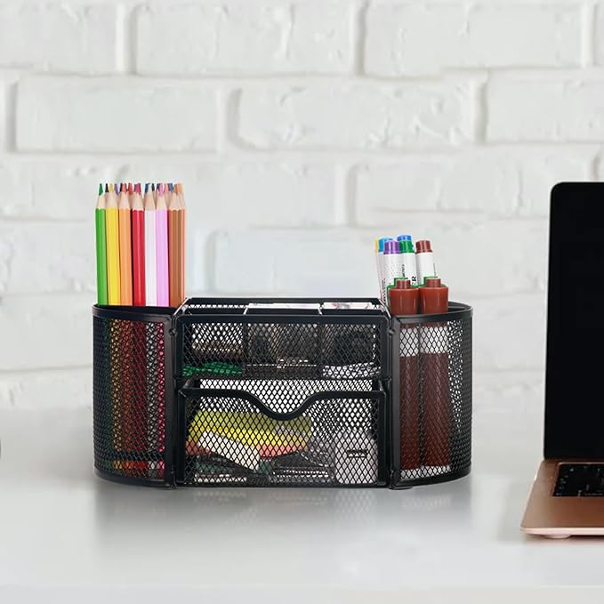 Comix Mesh Pen Pencil Holder Desk Organizer, 8 Compartment and 1 Drawer Wire Desktop Pen Pencil Cup Caddy Office Supplies Accessories for Home Office School, Black-NeatNest