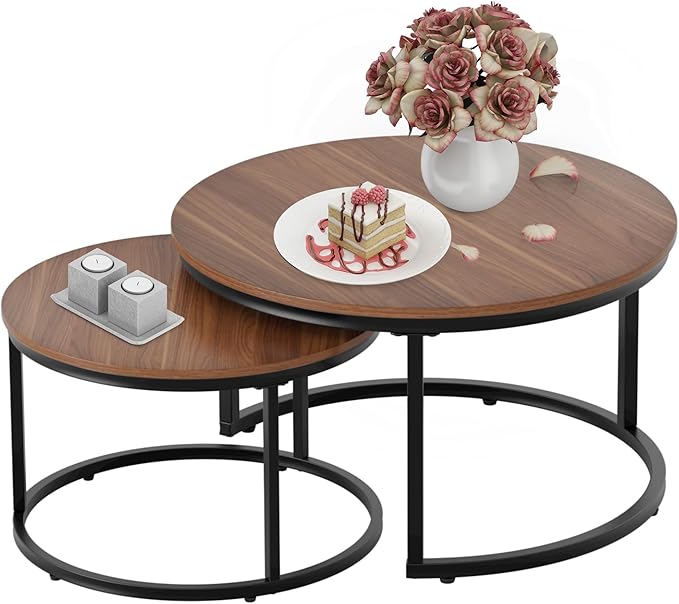 31.5" Nesting Coffee Table Set of 2, Round Nesting Coffee Table with Wood Grain Top, End Tables with Metal Frame for Living Room, Bedroom, Brown