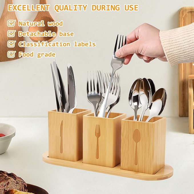 3Pcs Silverware Caddy for Patry, Utensil Holder for Countertop, Silverware Holder Flatware Organizers with tray, Portable Organizer with Wood Tray, Spoon and Fork Holder (Bamboo wood)-NeatNest