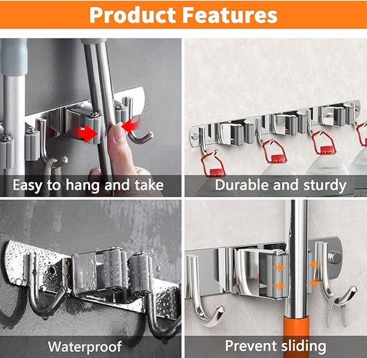 Broom and Mop Organizer Wall Hanging, Upgraded Mop and Broom Holder Wall Mount, Stainless Steel Broom Hanger Wall Mount for Laundry Room Organization and Storage(5 Racks with 4 Hooks)-NeatNest
