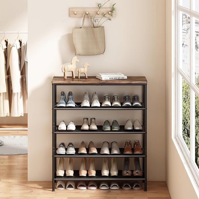 Shoe Rack Organizer 5 Tier Metal Organizer Shelf with Industrial MDF Board and Layer Fabric for Entryway Closet Bedroom Living Room Garage,Black & Rustic Brown (Black+Rustic Brown, 5 Tier)-NeatNest
