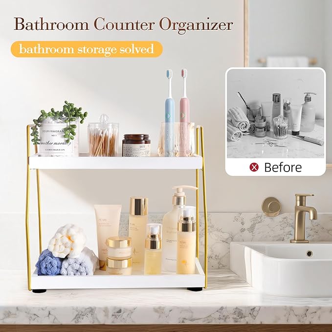 DWTS Bathroom Counter Organizer,Coffee Bar Accessories,2 Tier Bathroom Organizers and Storage Countertop Organizer,Ideal for Makeup Organizers,Perfume Organizers,VanityOrganizer(White/Gold)