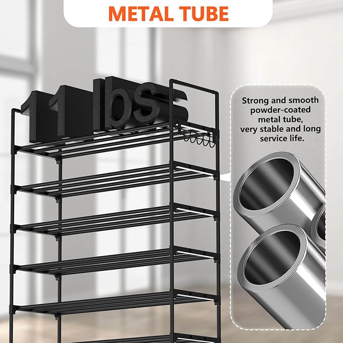 8 Tiers Metal Shoe Rack,Adjustable Shoe Shelf Storage Organizer with Hooks,Stackable Boot & Shoe Storage,for Entryway,Hallway,Closet,Black-NeatNest