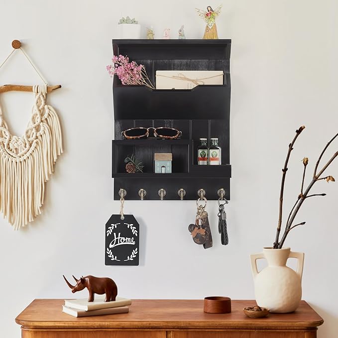 DOPACE Key Holder for Wall, Mail Organizer Wall Mounted, Mail and Key Organizer with 6 Key Hooks for Entryway and Home Decor, Black