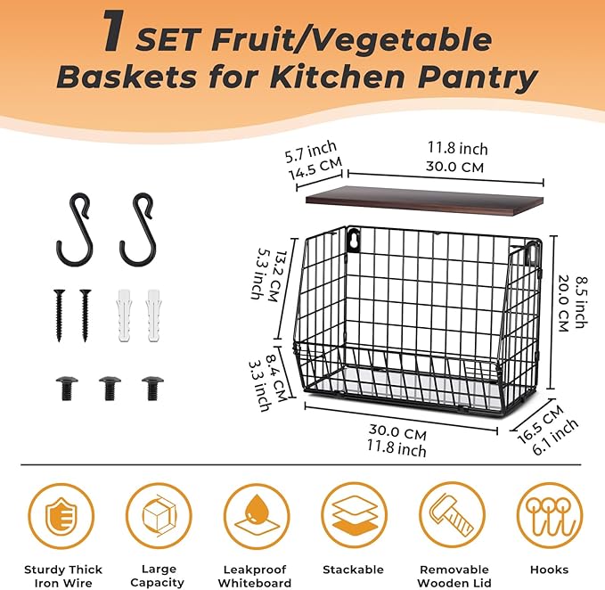 Fruit Bowl for Kitchen Counter Stackable Wall Mounted Hanging Basket Wire Basket with Wood Lid with Banana Hanger Hooks, Onion,Potato,Fruit and Vegetable Storage
