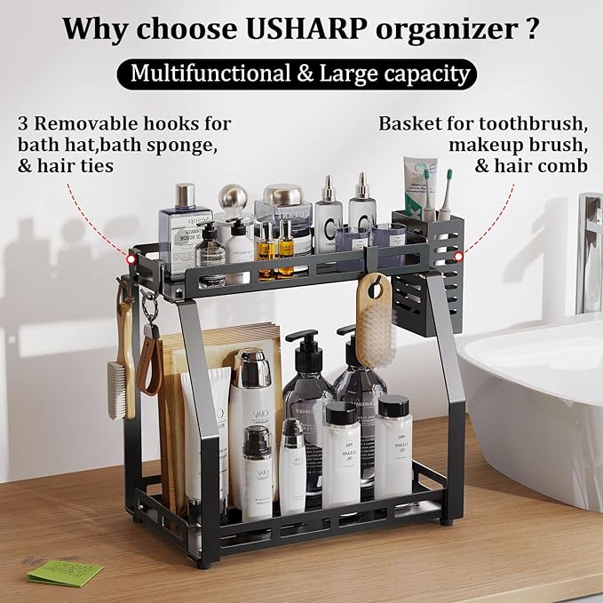 Bathroom Organizer Countertop, 2 Tier Bathroom Counter Organizer Rack Storage Caddy for Toiletries, Standing Vanity Shelf Tray, Sturdy, Metal Black, Medium 12.1''L x 7.6''W