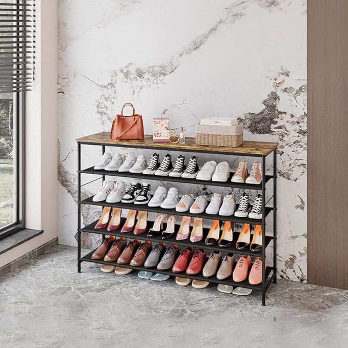Shoe Rack Organizer 5 Tier Long Metal Organizer Shelf with Industrial MDF Board and Layer Fabric for Entryway Closet Bedroom Living Room Garage,Black & Rustic Brown-NeatNest