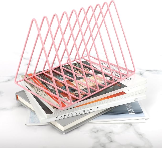 EASEPRES Vinyl Record Holder Storage, 9 Slot Metal Magazine Book Album Display Rack, Stylish Triangle Desktop File Sorter Organizer for Home Office, Pink Pack of 2