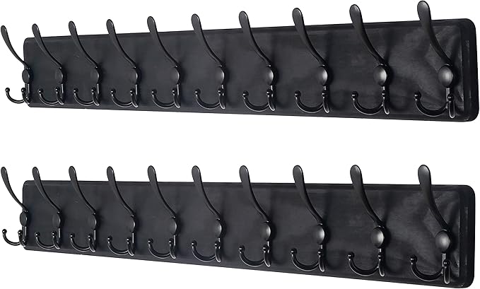 Dseap Coat Rack Wall Mounted - 10 Tri Hooks, 38-1/4" Long, Heavy Duty Wooden Wall Coat Hanger Coat Hook for Clothes Hat Jacket Clothing, Black, Pack of 2