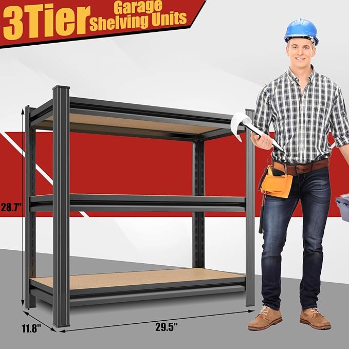 3 Tier Garage Shelving Wood Storage Shelves 600 lb Load Capacity 28.7" H*29.5" W*11.8" D Metal Shelving Suitable for Garage Kitchen Pantry,Black
