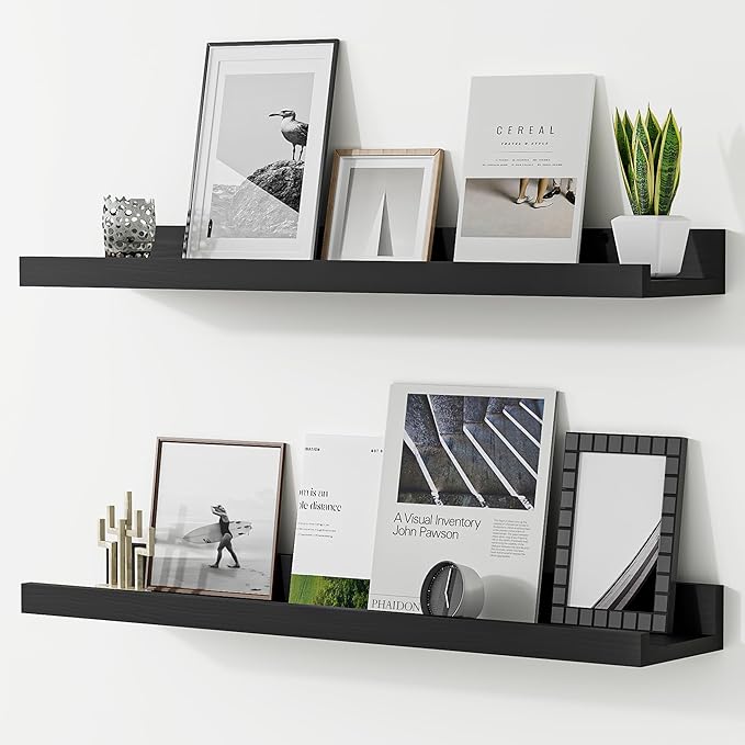 Floating Shelves for Wall, 24 inch Solid Wood Picture Ledge Shelf, Picture Shelf for Wall with Ledge, Floating Book Shelves for Living Room Bedroom Kitchen Nursery Decor, Black, Set of 2-NeatNest