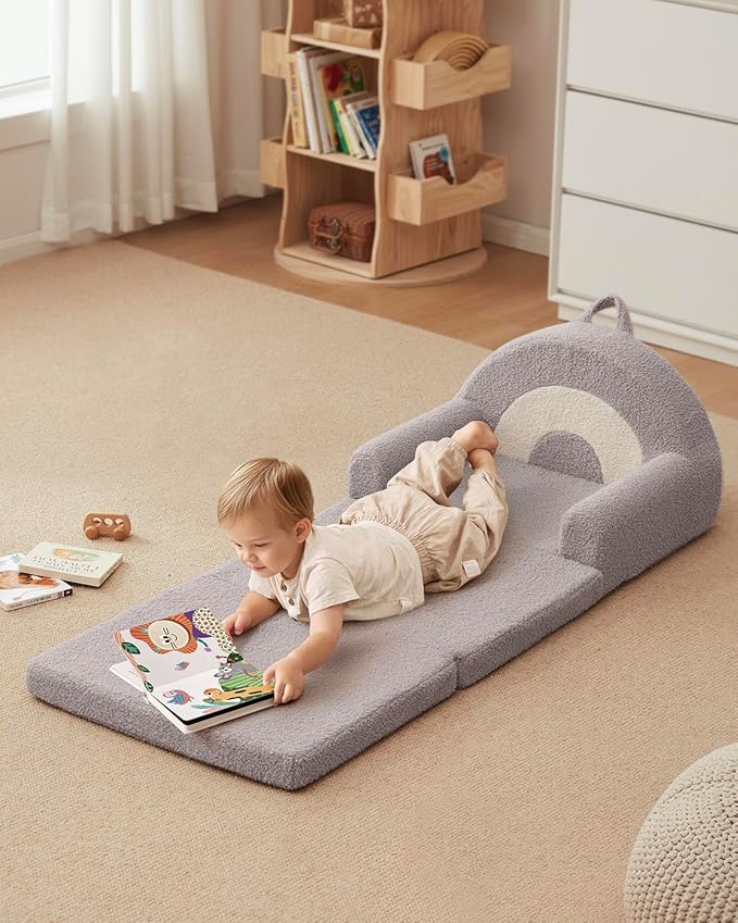 Blissful Diary Foldable Toddler Couch, 2-in-1 Comfy Toddler Chair & Lounger for Reading, Nap, Playroom, Kids Couch Sofa for 1 2 3+ Year Old Girls Boys Birthday Gift, Light Gray Arclet-NeatNest