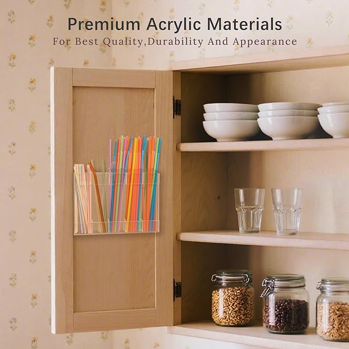 Acrylic Straw Holder for Cabinet Door with Double Sided Adhesive Tape Reusable Tumbler Straw Organizer Storage Container Dispenser for Counter Cabinet Cupboard Kitchen(Transparent)