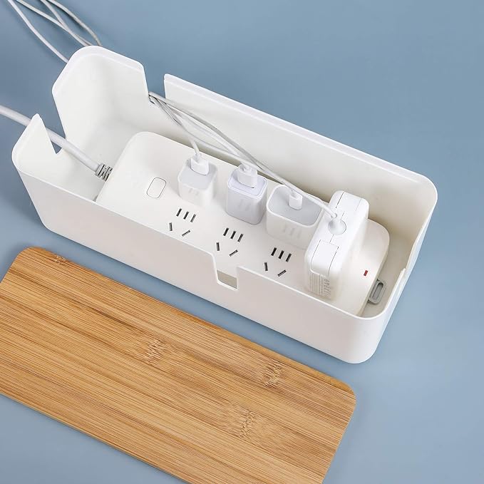 Changsuo Small Cable Management Box with Bamboo Lid for Extension Cord Power Stripe Surge Protector Wire Concealer Organizer Cover Hider (White)