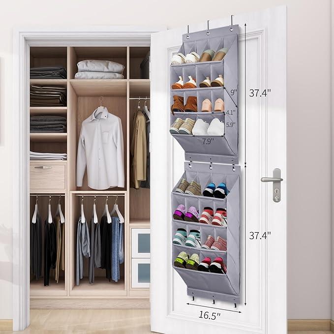 FENTEC 2 Pack Over the Door Shoe Organizer, Hanging Shoe Organizer Rack,24 Large Pockets and 4 Larger Storage Various Compartments with 6 Hooks, Home Accessories, Grey-NeatNest