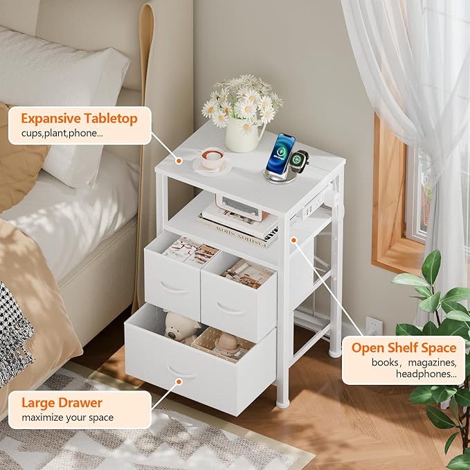 Furnulem Night Stand with Charging Station, LED, USB Ports and Outlets, Bedside Table with Fabric Bins, Nightstand with Open Shelf, Small Storage Side Table for Bedroom (3 Drawer, White)