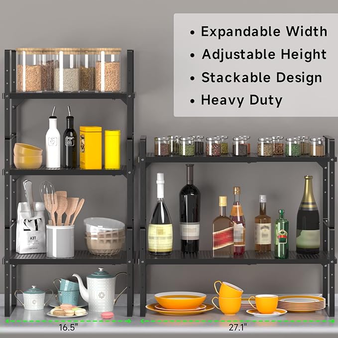 Expandable Cabinet Storage Shelf Stackable Organizer Rack for Kitchen Bathroom Pantry Spice Cupboard Coffee Countertop Home Office Desk Heavy Duty Nonslip Black Small 2 Packs-NeatNest
