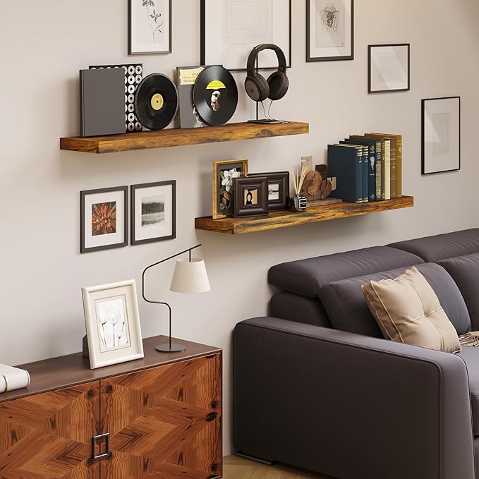 BAMEOS Floating Shelves, 31W x 7D Rustic Brown Wall Mounted Wooden Shelves with Invisible Brackets Set of 2, Hanging Wall Shelves Decoration for Bedroom, Bathroom, Living Room and Kitchen-NeatNest
