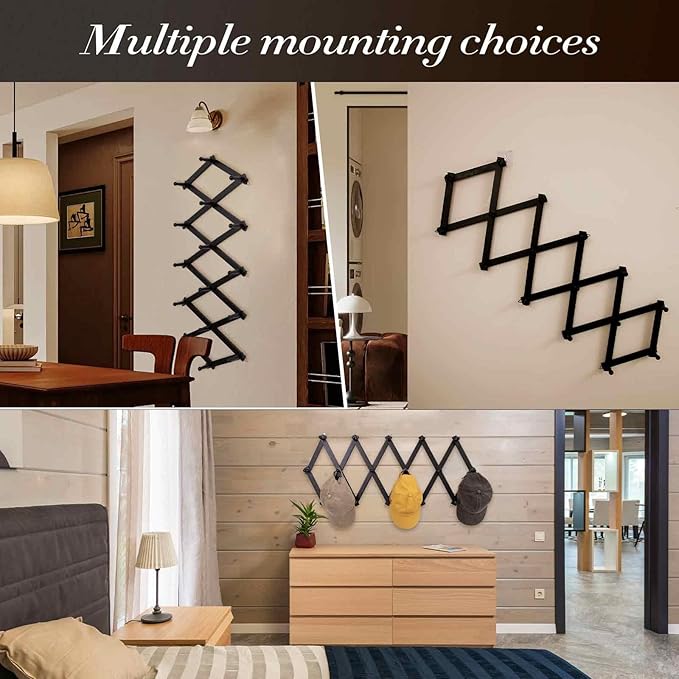 Accordion Wall Hanger with 16 Hooks, Wooden Wall Expandable Coat Rack for Coat, Hats, Baseball Caps, Coffee Mug, Jewelry(Black)-NeatNest