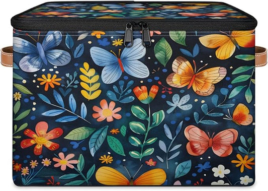 Colorful Butterfly Storage Bins with Zipper Lid, Spring Floral Lidded Storage Baskets Boxes Foldable Organizer with Leather Handles for Clothes Closet Shelf Toys-NeatNest