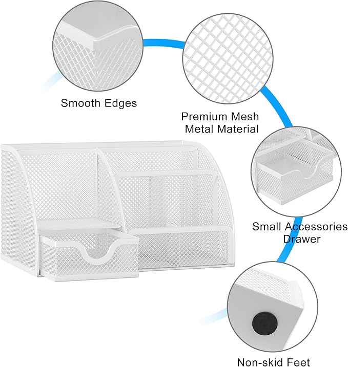 EasyPAG Mesh Desk Organizer, Multi-functional Stationery Organizer for School Supplies, Office Pen Holder for Desk, 6 Compartments Dorm Organization with Drawer, White