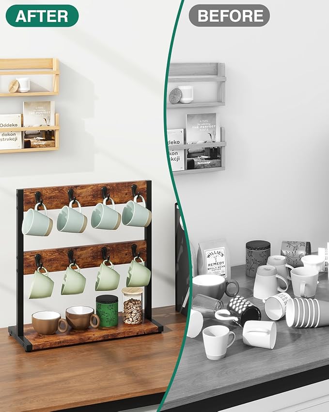 IBUYKE Wood Coffee Mug Holder for Countertop,16 Hook Mug Tree Holder Rack with Storage Base,Mug Display Organizer,Mug Holders for Home Kitchen, Rustic Brown UTBJ001H-NeatNest