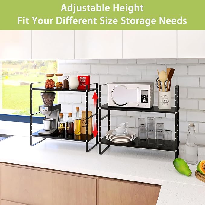 Expandable Cabinet Shelf Organizer Rack, Stackable Kitchen Counter Storage Shelves Stand, Adjustable Height Pantry Shelf Spice Rack (Black, 2 Pack)-NeatNest