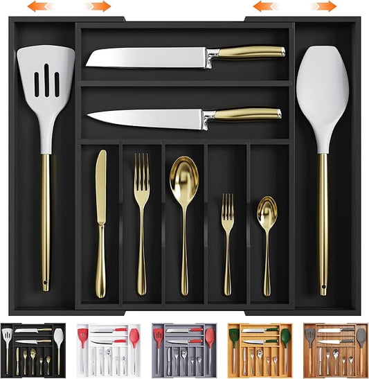 Bellsal Large Premium Bamboo Silverware Organizer - Expandable Utensil Drawer Organizer - 17"x19.6" Utensil Holder and Cutlery Tray with Grooved for Kitchen Flatware and Utensils(7-9 Slot, Black)-NeatNest