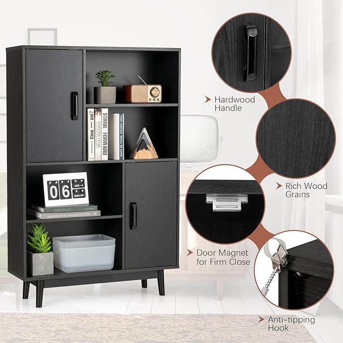 Giantex Storage Cabinet with Legs, Floor Cabinet with Doors, Shelves, Anti-Tipping Device, 4-Tier Bookshelf for Books & Photos, Tall Cupboard in Living Room, Kitchen Buffet Sideboard (Black)