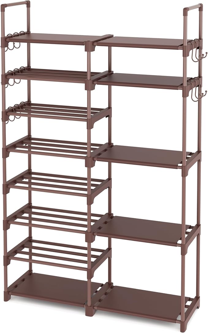 ROJASOP Shoe Rack Organizer, 8-Tier Metal Shoe Rack for Closet Entryway Garage, 26-32 Pairs Tall Shoe Boot Storage Shelf with 15 Hooks, Stackable Large Shoe Stand, Brown-NeatNest