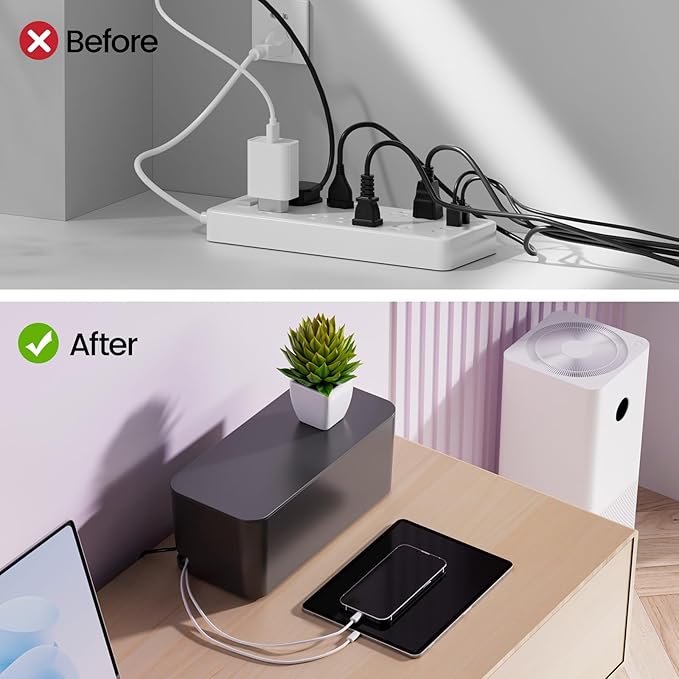 Delamu 2 Pack Cable Management Box, Stylish Cord Organizer for Desk, Pet & Child-Proof ABS Cords Hider Box, Under Desk Cable Box for Computer Router USB Hub & Power Strip, Black